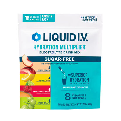 Picture of Liquid I.V.® Hydration Multiplier Sugar-Free - Raspberry Melon, Lemon Lime, White Peach, Green Grape | Electrolyte Powder Drink Mix | 1 Pack (16 Servings)
