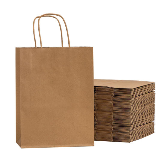 Picture of RACETOP Brown Paper Bags with Handles Bulk 100Pcs 8x4.5x10.8 Inch Gift Bags Bulk, Brown Kraft Paper Bags, Retail Bags, Party Bags, Shopping Bags, Favor Bags