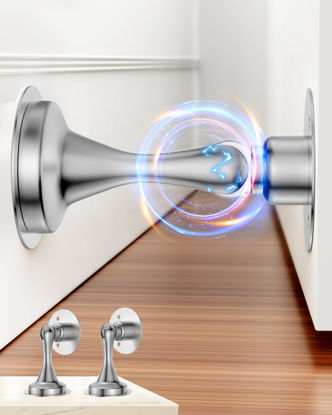 Picture of Door Stoppers Magnetic Door Catch - 2 Pack Stainless Steel Heavy Duty Door Holder Stops for Bottom Top of Door - Wall Floor Mounting No Drill 3M Adhesive & Screws Strong Magnet Keep Door Open(Silver)