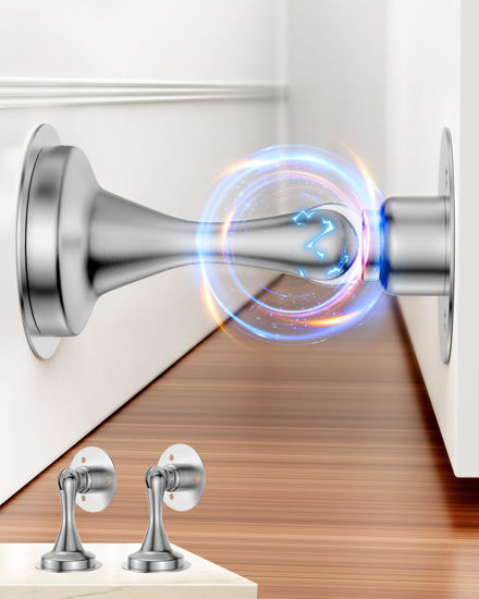 Picture of Door Stoppers Magnetic Door Catch - 2 Pack Stainless Steel Heavy Duty Door Holder Stops for Bottom Top of Door - Wall Floor Mounting No Drill 3M Adhesive & Screws Strong Magnet Keep Door Open(Silver)