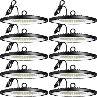 Picture of Amico 200W 10 Pack UFO LED High Bay Light 28,000lm 5000K LED High Bay Lights with UL Listed US Hook 5' Cable Alternative to 650W MH/HPS for Gym Factory Barn Warehouse