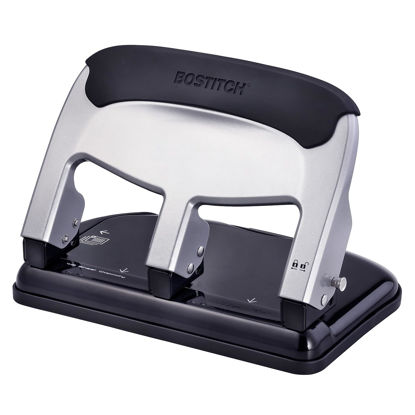 Picture of Bostitch Office EZ Squeeze Heavy Duty 3 Hole Punch, 40-Sheet Capacity, Use Less Force, Perfect for Home Office School Supplies, Sleek Design, Silver