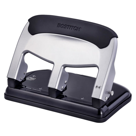 Picture of Bostitch Office EZ Squeeze Heavy Duty 3 Hole Punch, 40-Sheet Capacity, Use Less Force, Perfect for Home Office School Supplies, Sleek Design, Silver