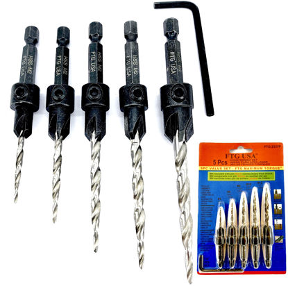 Picture of FTG USA Adjustable Wood Countersink Drill Bit Set 5 Pc #4#6#8#10#12 Tapered Drill Bit for Woodworking