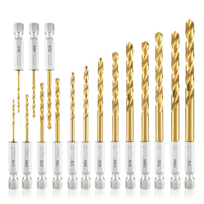 Picture of amoolo Hex Shank Drill Bit Set (13Pcs Set+3 Pcs Free), Premium 4341 HSS Titanium Impact Hex Drill Bits for Wood, Steel, Metal, Plastic, Quick Change Design (1/16 -1/4 )