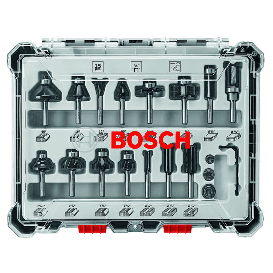 Picture of BOSCH RBS015MBS 15-Piece (Universally Compatible Accessory) Carbide-Tipped Wood Router Bit Assorted Set