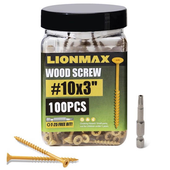 Picture of LIONMAX Deck Screws 3 Inch, Wood Screws #10 x 3, 100 PCS, Rust Resistant, Exterior Epoxy Coated, Outdoor Decking Screws, Torx/Star Drive Head Deck Screw, T25 Star Bit Included, Tan