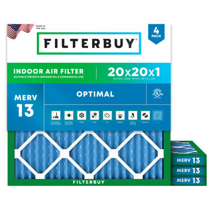 Picture of Filterbuy 20x20x1 Air Filter MERV 13 Optimal Defense (4-Pack), Pleated HVAC AC Furnace Air Filters Replacement (Actual Size: 19.50 x 19.50 x 0.75 Inches)