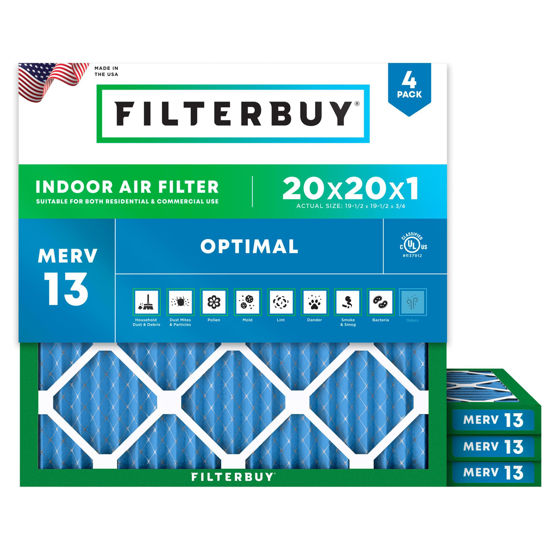 Picture of Filterbuy 20x20x1 Air Filter MERV 13 Optimal Defense (4-Pack), Pleated HVAC AC Furnace Air Filters Replacement (Actual Size: 19.50 x 19.50 x 0.75 Inches)