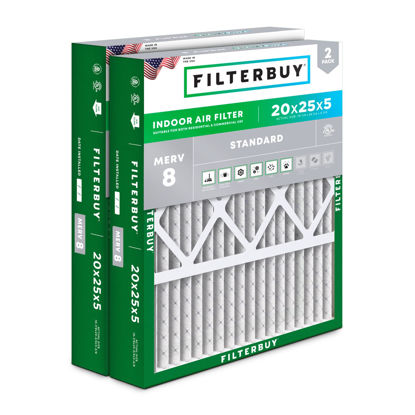 Picture of Filterbuy 20x25x5 Air Filter MERV 8 Dust Defense (2-Pack), Pleated HVAC AC Furnace Air Filters for Honeywell FC100A1037, Lennox X6673, Carrier, & More (Actual Size: 19.88 x 24.75 x 4.38 Inches)
