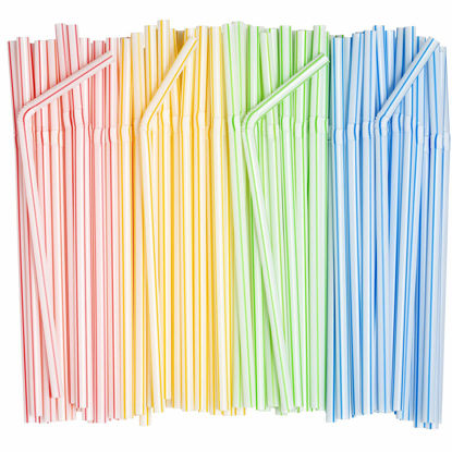 Picture of [200 Pack] Flexible Disposable Plastic Drinking Straws - 7.75" High - Assorted Colors Striped