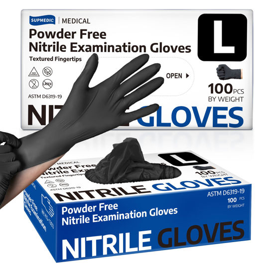 Picture of Supmedic Disposable Nitrile Gloves, Chemical Resistant, Powder-Free, Latex-Free, Food Safe, Medical Exam Gloves, Black, Large, 100 Pcs