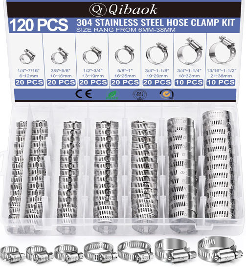 Picture of Hose Clamp- Qibaok 120 PCS Stainless Steel Hose Clamps Assortment Kit 1/4''-1-1/2'' Worm Gear Clamps for Fuel Line, Plumbing, Automotive, Mechanical Applications, Pipe, Tube, Radiator, Garden