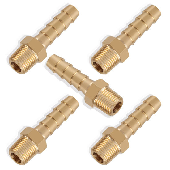 Picture of Boeray 5pcs Brass Hose Barb Fittings 1/4 Inch Barb to 1/8 Inch NPT Male Thread Air Hose Fittings Adapter Connector Water Fuel Air Line Fittings 1/4” Barb × 1/8” NPT Brass Fittings