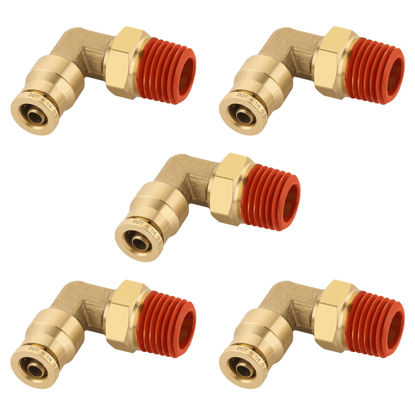 Picture of Boeray 1/4" Quick Push to Connect Fittings Brass 90 Degree Union Swivel Elbow Joint DOT Approved 1/4" Tube OD x 1/4" NPT Thread Air Brake Line Adapter Air Suspension Kit for Car Truck Trailers 5pcs
