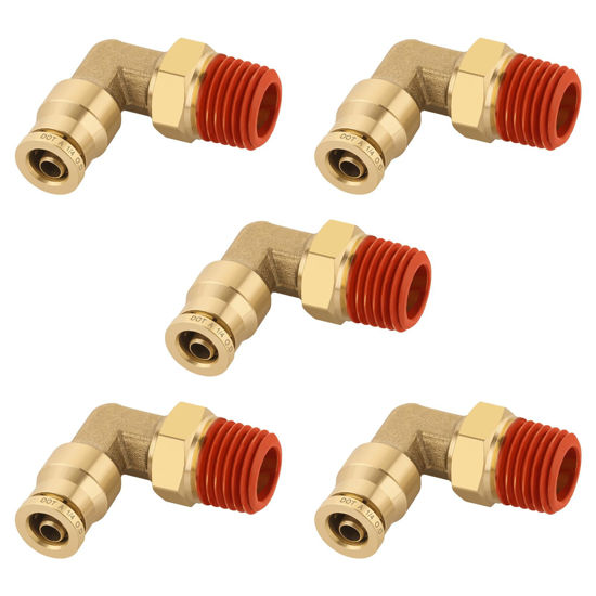 Picture of Boeray 1/4" Quick Push to Connect Fittings Brass 90 Degree Union Swivel Elbow Joint DOT Approved 1/4" Tube OD x 1/4" NPT Thread Air Brake Line Adapter Air Suspension Kit for Car Truck Trailers 5pcs