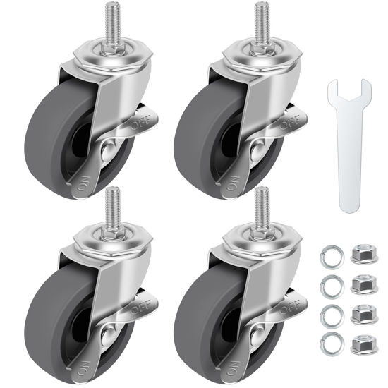 Picture of WHARSTM Caster Wheels, 3" Locking Swivel Stem Casters Set with Brake of 4, 3/8"-16 x 1" (Screw Diameter 3/8", Length 1")Rubber Casters with 360 Degree No Noise Wheels