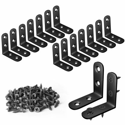 Picture of Blingstar L Bracket Stainless Steel Corner Brace 16 Pcs 1.57x1.57 Inch Joint Right Angle Bracket 90 Degree Corner Fastener for Wood Furniture Bedframe Cabinet Drawer Chair, with 64 Pcs Screws, Black