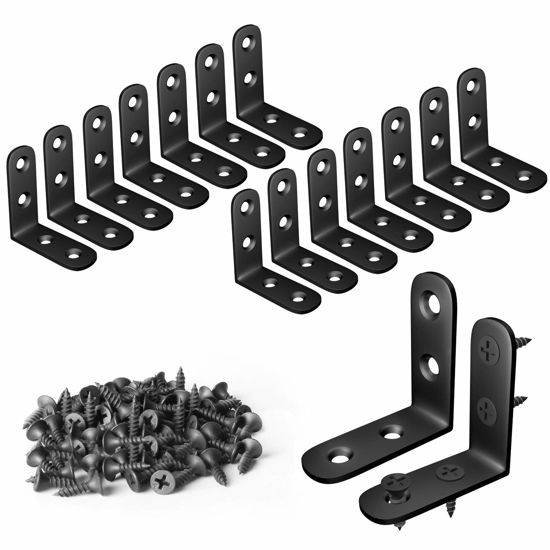 Picture of Blingstar L Bracket Stainless Steel Corner Brace 16 Pcs 1.57x1.57 Inch Joint Right Angle Bracket 90 Degree Corner Fastener for Wood Furniture Bedframe Cabinet Drawer Chair, with 64 Pcs Screws, Black