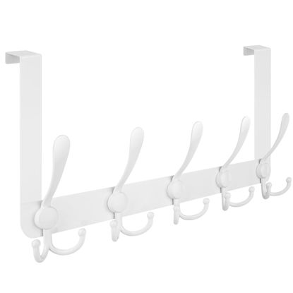Picture of TICONN Over The Door Hooks, 5 Heavy Duty Tri Coat Rack All Metal Coat Hanger for Jacket Hat Towel Bags in Bathroom Bedroom Dorm (White, 1PK)