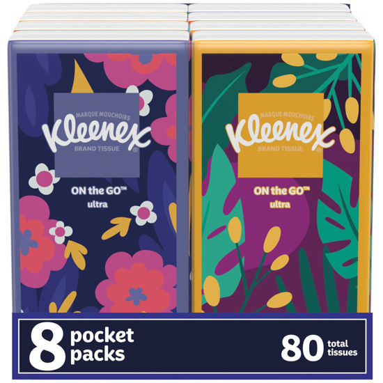 Picture of Kleenex On-The-Go Facial Tissues, 8 On-The-Go Packs, 10 Tissues per Box, 3-Ply (80 Total Tissues), Packaging May Vary