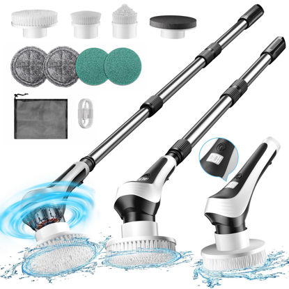 Picture of Electric Spin Scrubber,Cordless Shower Scrubber with Power Display Screen,IP68 Waterproof Bath Cleaning Brush,Adjustable Extension Handle & 2 Speeds,Electric Cleaning Brush for Bathroom,Kitchen,Tub