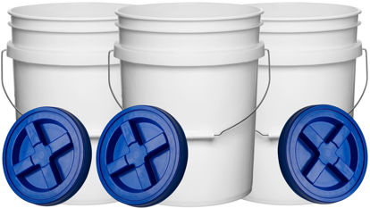 Picture of House Naturals 5 Gallon Plastic Bucket Pail Food Grade with Blue Screw on Lid(Pack of 3) Made in USA