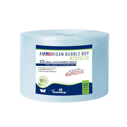 Picture of Large roll of 175 Feet of Recycled Small Plus Bubble wrap for packing, moving and shipping for your business essentials. Eco friendly and made from 90% post-consumer materials by American Bubble Boy