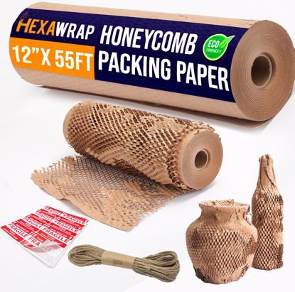 Picture of Honeycomb Packing Paper 12" x 55ft with Rope & 20 Fragile Stickers|Shipping & Moving Supplies|Small Business Packaging Supplies|Eco Friendly Bubble Wrap Packing Boxes for Moving
