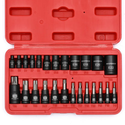 Picture of MIXPOWER 25 Piece Torx Bit and Socket Set, 13 Star Bits (T8- T60) & 12 E-Torx Sockets (E4-E22), Professional Grade Auto & Motorcycle Mechanic Set