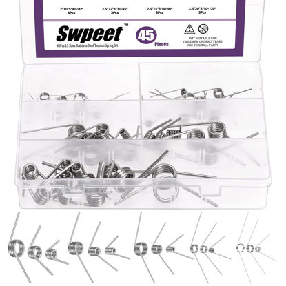 Picture of Swpeet 45Pcs 15 Sizes 45/90/120 Degree Stainless Steel Torsional Springs Assortment Kit, Mechanical Small Torsion Spring for Home Repair Woodworking DIY Project