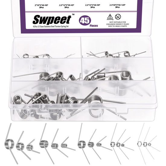 Picture of Swpeet 45Pcs 15 Sizes 45/90/120 Degree Stainless Steel Torsional Springs Assortment Kit, Mechanical Small Torsion Spring for Home Repair Woodworking DIY Project