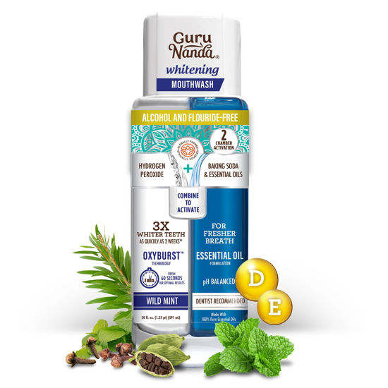Picture of GuruNanda Teeth Whitening Dual Barrel Oxyburst Mouthwash - Alcohol & Fluoride Free, Hydrogen Peroxide to Promote Whiter Teeth - Wild Mint - 20 Fl Oz