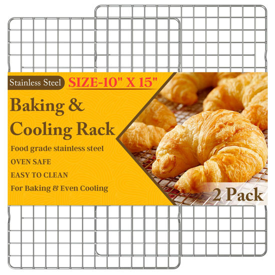 Picture of 2PCS Cooling Racks for Cooking and Baking - 10" x 15"Heavy Duty Stainless Steel Wire Rack for Baking, Grilling, Roasting - Oven & Dishwasher Safe - Fits Jelly Roll Sheet Pan-Silver