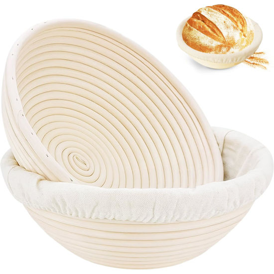 Picture of Dimpola Banneton Bread Proofing Basket, Banneton Basket Set of 2, 9 inch Sourdough Proofing Basket Round Proofing Bowls Handmade Rattan Baskets and Liners, Artisan Sourdough Bread Making Kit