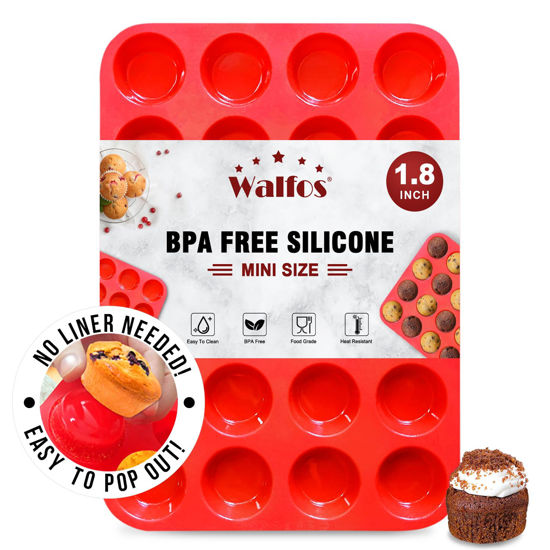 Picture of Walfos Mini Silicone Muffin Pan - 24 Cups, BPA Free and Dishwasher Safe, Non-stick Silicone Cupcake Baking Pan, Great for Making Muffin Cakes, Tart, Bread