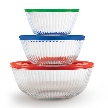 Picture of Pyrex Sculpted 3-Pack Glass Mixing Bowls (1.3 QT, 2.3 QT, 4.5 QT) with BPA-Free Lids, Prepping and Baking Food Storage Set, Dishwasher, Microwave and Freezer Safe