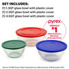 Picture of Pyrex Sculpted 3-Pack Glass Mixing Bowls (1.3 QT, 2.3 QT, 4.5 QT) with BPA-Free Lids, Prepping and Baking Food Storage Set, Dishwasher, Microwave and Freezer Safe