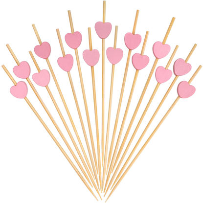 Picture of Minisland Pink Love Heart Cocktail Picks, 4.7 Inch Long Bamboo Fancy Toothpicks for Appetizers, Decorative Bridal Wedding Valentines Party Food Drinks Garnish Fruit Skewer Sticks 100 Counts -MSL134