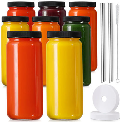 Picture of [ 8 Pack ] Glass Juicing Bottles with 2 Straws & 2 Lids w Hole- 16 OZ Travel Drinking Jars, Water Cups with Black Airtight Lids, Reusable Tall Mason Jar for Juice, Bubble Tea, Smoothie, Tea, Kombucha