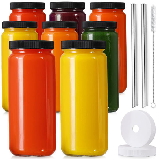 Picture of [ 8 Pack ] Glass Juicing Bottles with 2 Straws & 2 Lids w Hole- 16 OZ Travel Drinking Jars, Water Cups with Black Airtight Lids, Reusable Tall Mason Jar for Juice, Bubble Tea, Smoothie, Tea, Kombucha