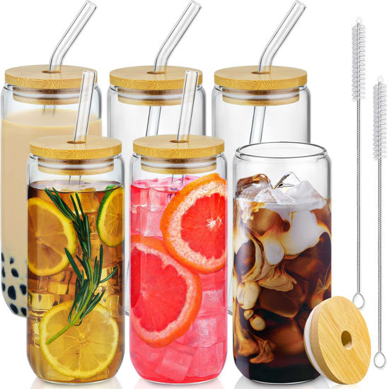 Picture of 20 Oz Drinking Glasses with Bamboo Lids and Glass Straw - 6 Pcs Can Shaped Glass Cups Beer & Ice Coffee Glasses Cute Tumbler Cup Great for Soda Boba Tea Cocktail Include 2 Cleaning Brushes
