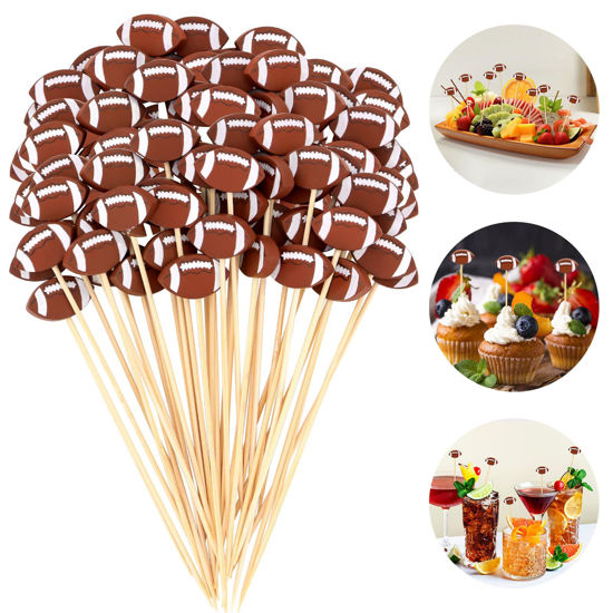 Picture of 100 Pcs Football Toothpicks, 4.72 Inch Football Cocktail Picks for Appetizers, Long Bamboo Toothpicks, Decorative Toothpicks Skewers for Holiday Birthday Party Decorations (Football)