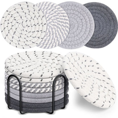 Picture of Mckanti 8 Pcs Drink Coasters with Holder, 4 Colors Absorbent Coasters for Drinks, Minimalist Cotton Woven Coaster Set for Home Decor Tabletop Protection Suitable for Kinds of Cups, 4.3 Inches.