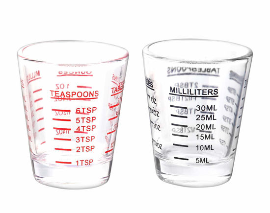 Picture of Shot Glasses Measuring cup Espresso Shot Glass Liquid Heavy Glass Wine Glass 2 Pack 26-Incremental Measurement 1oz, 6 Tsp, 2 Tbs, 30ml (Black and Red)