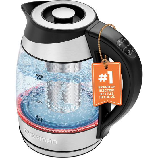 Picture of Chefman Electric Kettle with Temperature Control, 5 Presets LED Indicator Lights, Removable Tea Infuser, Glass Tea Kettle & Hot Water Boiler, 360° Swivel Base, BPA Free, Stainless Steel, 1.8 Liters