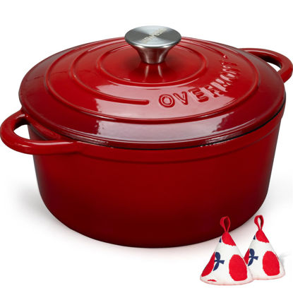 Picture of Overmont Enameled Cast Iron Dutch Oven - 5.5QT Pot with Lid Cookbook & Cotton Potholders - Heavy-Duty Cookware for Braising, Stews, Roasting, Bread Baking red