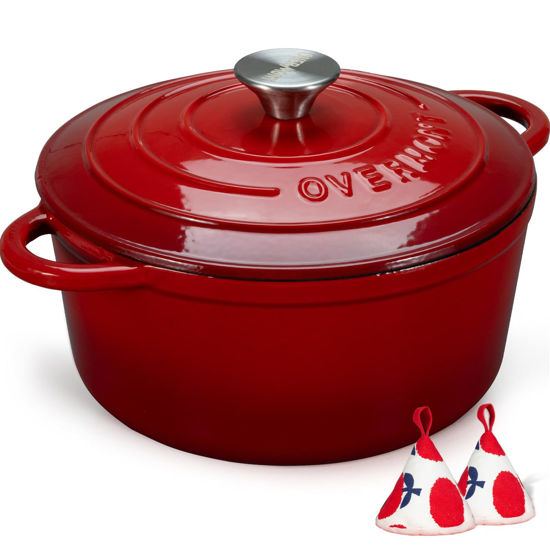 Picture of Overmont Enameled Cast Iron Dutch Oven - 5.5QT Pot with Lid Cookbook & Cotton Potholders - Heavy-Duty Cookware for Braising, Stews, Roasting, Bread Baking red