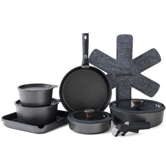 Picture of SENSARTE 17 Piece Pots and Pans Set, Nonstick Detachable Handle Cookware, Induction Kitchen Cookware Set with Removable Handle, Healthy Non Stick RV Cookware, Dishwasher ＆ Oven Safe, PFOA Free (Black)