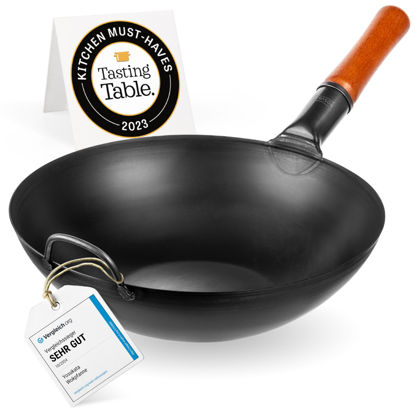Picture of YOSUKATA Carbon Steel Wok Pan - 13,5 “ Stir Fry Pans - Chinese Wok with Flat Bottom Pow Wok - Traditional Japanese Woks - Black Carbon Steel